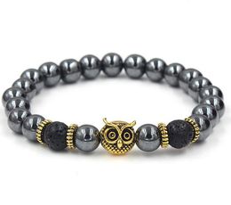 Black Hematite Beaded Strands Stone Lava Rock Bracelets Alloy Gold Plated Silver Skull Lion Owl Bracelet For Women Men Factory Wholesale