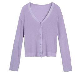 Women's Short Cardigan Sweater Purple V-neck Long Sleeve Button Ladies Sunscreen Thin Knit GD422 210506