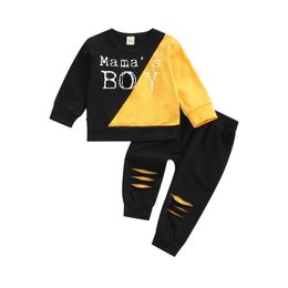 Baby Boys Hoodie Set Long Sleeve Crew Neck Letters Sweatshirt with Ripped Pants Fall Outfit G1023