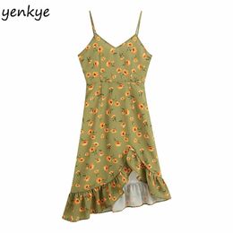 Sexy Sling Dress Women Floral Print Ruffle Sweet Lady Sleeveless V Neck Asymmetric Midi Summer es BBWM2272 210514