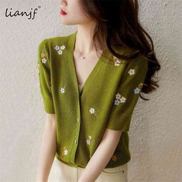 Green Embroidered Summer Sweater Cardigans Women V-neck Hand Made Printing Patterns Knitting Ladies Short Sleeve Casual Top Coat 210918