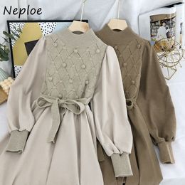 Neploe Fashion Fake Two Piece Knit Dress Women High Waist Hip Sashes A Line Vestidos O Neck Pullover Long Sleeve Robe Spring 210423