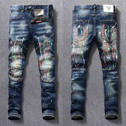 American Streetwear Fashion Men Jeans Painted Designer Slim Fit Elastic Punk Trousers Spliced Biker Homme Hip Hop Pants 210716