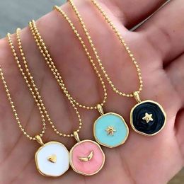 10PCS, Simple Enamel Stars Moon Heart Round Pendant for Women Fashion Gold Colour Coin Statement Choker Necklace Jewellery