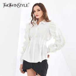 Casual Shirts For Women Lapel Butterfly Long Sleeve High Waist Ruched Patchwork Ruffles Blouses Female Clothes 210524