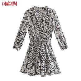 Tangada Fashion Women Animal Print Shirt Dress with Bow Vintage Long Sleeve Ladies Mini Dress 4N49 210609