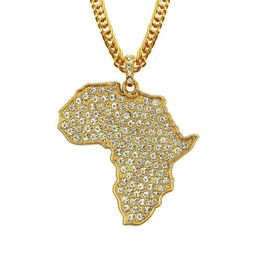 gold african map pendant UK - Pendant Necklaces Hip Hop Rhinestones Paved Bling Iced Out Gold Africa Map Pendants Necklace For Men Rapper Jewelry With 30inch Cuban Chain