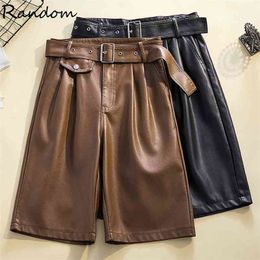 Plus Size High Waist PU Faux Leather Short Women Sashes Wide Leg Motorcycle Punk Bermuda Autumn Winter Casual Loose Short Bottom 210323