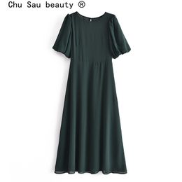 Fashion Summer Vintage Style Solid Colour Chiffon Midi Dress Women Casual Short Sleeve O-neck Dresses Female Vestidos 210508