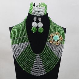 Earrings & Necklace Unique African Beads Jewellery Set Nigerian Wedding Green/White Crystal 12 Rows ANJ157
