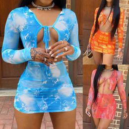 Adogirl Two Piece Sets Skirt 2021 Summer Women Lace Up Crop Tops+Mini Skirt Fashion Beachwear Female Mesh Clubwear Outfits Plus X0709