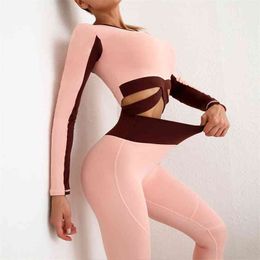 2PCS High Stretch Women Yoga Sets Fitness Tracksuits Sportswear Gym Clothing Sports Long Sleeve Crop Tops Hip Up Leggings Suits 210802