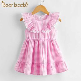 Bear Leader Girls Princess Dresses Summer Toddler Baby Sleeveless Ruffles Costumes Kids Plaid Fashion Clothes Fancy Suits 210708