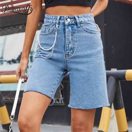 Solid Button Fly Raw Hem Denim Shorts Women Summer Fashion Street style High Waist Straight Jean With Chain 210510