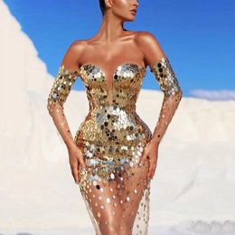 Gold Sequined Evening Dresses Trasparent Sheer Mesh Strapless Elegant Dress Women Long Sleeve Formal Party Long Dresses 210521