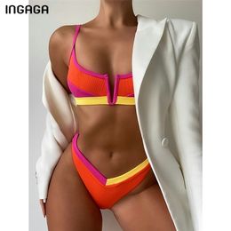 INGAGA Sexy Bikinis Ribbed Swimwear Women's Swimsuit Push Up Bathing Suit Solid Patchwork Biquini Thong High Cut Bikini Set 210630