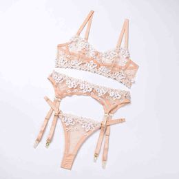 NXY sexy setHot Sale White Women's Sexy Lingerie Set Applique Embroidered Hollow Transparent Underwear Garter Thong Gathered Bra 3pcs 1129