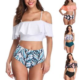 Sexy Off Shoulder Bikini Women Leaf Print Swimwear Push Up Swimsuit Ruffle Biquini High Waist Bikinis Pad Bathing Suit S-2XL 210722