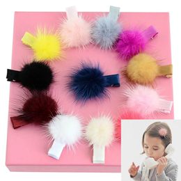 Fur hairpins Baby Girls Small Cute Soft Mink Party Pompom Ball Gripper Pom HairPin Children HairClip Kids Hair Accessories WLL506