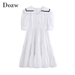 Retro Sailor Collar White Dress Summer Puff Short Sleeve Loose Pleated Women Button Fashion Mini Cotton es 210515