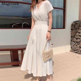 Korean Chic Short Sleeve Summer Long Dress Woman Casual Lace Up Button Ladies Loose Party es Vestido 14025 210512