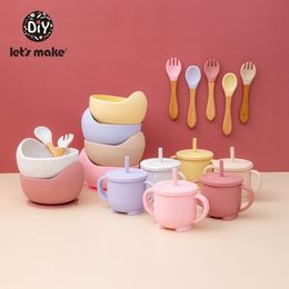 Let'S Make 4PCS/Set Silicone Bowl Cup Spoon Fork Set Feedings Non-Slip BPA Free Food Grade Tableware Baby Gift Products 210317