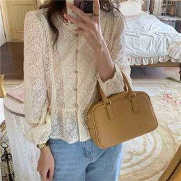 Gentle French Ruffles Femme Chic Office Lady Shirts Lace Hook Flowers Summer Tops All Match Sweet Loose Blouses 210525
