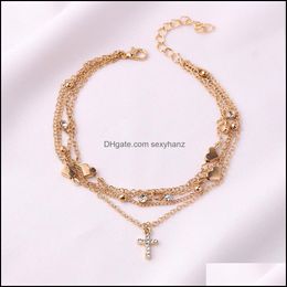 Anklets Jewellery S1789 Fashion Mti Layer Anklet Cross Pendant Heart Charms Drop Delivery 2021 Sokfe