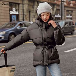 Fitaylor Winter Female Cotton Jacket Coat Elegant Women Button Belt Outwear Casual Thick Warm Hooded Coat 211130