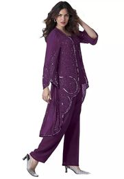 Chic Three Pieces Beading Mother Of The Bride Pant Suits Long Sleeves Jacket Wedding Guest Dress Chiffon Sequined Plus Size Evenin2124