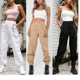 Women Pants High Waist Casual Chain Solid Colour Cargo Harem Leggings Trousers Overalls Hip-hop Cool Clothing 210522