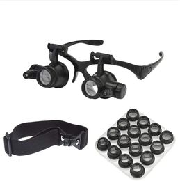 Black Watch Magnifier Microscope Loupe High Zoom Headband Eyewear Magnifying 2 LED Illuminated Repair Glasses 2.5X 4X 6X 8X 10X 15X 20X 25X