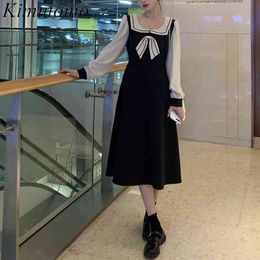 Kimutomo French Style Elegant Dress Spring Women Fake Two Piece Square Collar Bow Long Sleeve Slim Vestidos Korean Chic 210521