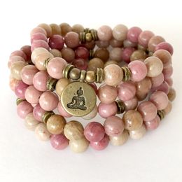 MG1356 Natural Rhodonite 108 Mala Bracelet Lotus Charm 4 Wrap Yoga Mala Women`s Meditation Spiritual Yoga Jewelry