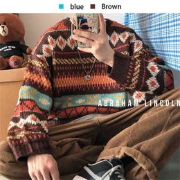 Thicken Sweater Men's Winter Spring Needle Knitted National Wind Round Neck Pullover Geometric Pattern Loose Big Cuff Tops Men 210918