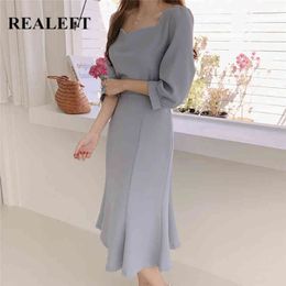 Summer Elegant Women's Midi Dress Half Sleeve Solid Korean Style Lace Up Sqaure Neck Office Straight Dresses 210428