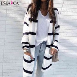 street hipster sweater long black and white stripes contrast Colour fashion wild cardigan windproof jacket autumn 210515