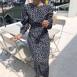 Korean Chic High Waist Hip Print Dot Bodycon Dress O Neck Puff Long Sleeve Split Design Vestido Solid Wild Ropa 49055 210422