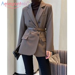 Aelegantmis Office Lady Casual Oversized Blazer Women Spring Elegant Korean Sashes Suit Female OL Fashion Outwear 210607