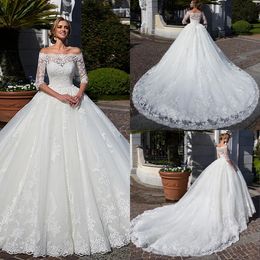 Vintage Off Shoulder Wedding Dress 2021 Arabic Aso Ebi Lace Appliqued Plus Size Princess Ball Gowns With 3/4 Long Sleeve Brides Boho Puffy Vestido De Novia AL9501