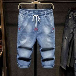 Plus Size 5XL 6XL 7XL Sky Blue Men Loose Short Jeans Summer Advanced Stretch Casual Denim Cropped Trousers Male Brand 210716