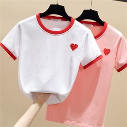 WWENN Summer Short Sleeve Woman Clothes Casual Embroidery Tshirt Tee Shirt Femme Pink Womens Tops White T Women 210507