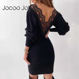 Jocoo Jolee Elegant Lantern Sleeve Backless Lace Mini Dress Sexy V Neck Bodycon Dress Casual Long Sleeve Skinny Short Dress 210619