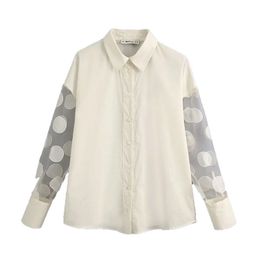 Women Fashion Polka Dot Patchwork Blouses Vintage Elegant See Through Sleeve Office Wear Shirts Female Chic Tops 210520