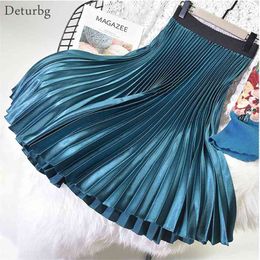 Women Elegant Metal Colour Pleated Skirt Elastic High Waist Midi Female Quality Chic s Saias Spring SK396 210629