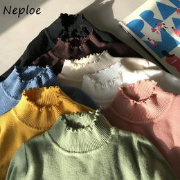 Neploe Turtleneck Ruched Women Sweater High Elastic Solid Fall Winter Fashion Jumpers Femme Slim Sexy Knitted Pullovers 210423