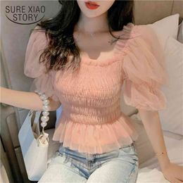 Korean Fashion Clothing Summer Elegant Mesh Blouse Women Streetwear Blusas Mujer De Moda Puff Sleeve Pink Tops 10026 210506