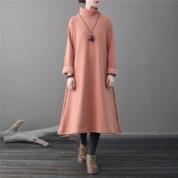 Johnature Pullover Sweatshirt Dresses For Women Turtleneck Winter Fleece Long Sleeve Solid Color Warm Robes Vintage Dresses 210521