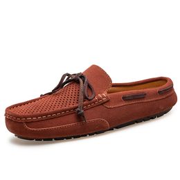 Man New Summer Fashion Cowhide Casual Half Shoes Male Breathable Backless Half Loafers Hombre Open Back Leather Hollow Mocassins