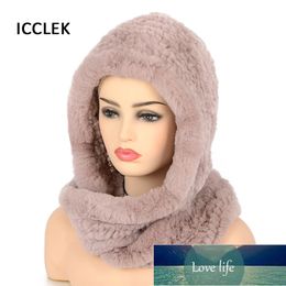 Women Knitted Real Rex Fur Hat Hooded Scarf Winter hats for Woman Cap Warm Natural Fur Hat With Neck Scarves Factory price expert design Quality Latest Style Original